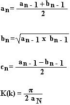 [Equations for the successive iterations of a, b, c and K(k)]