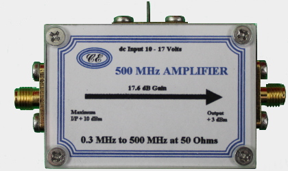 [Photograph of 500 MHz Amplifier Box showing connectors]